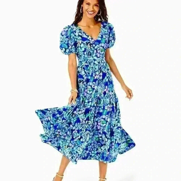 Lilly Pulitzer Dresses & Skirts - Lilly Pulitzer Grace Tiered Midi Dress NEW Blue Grotto Twilight Tropics Size 6
